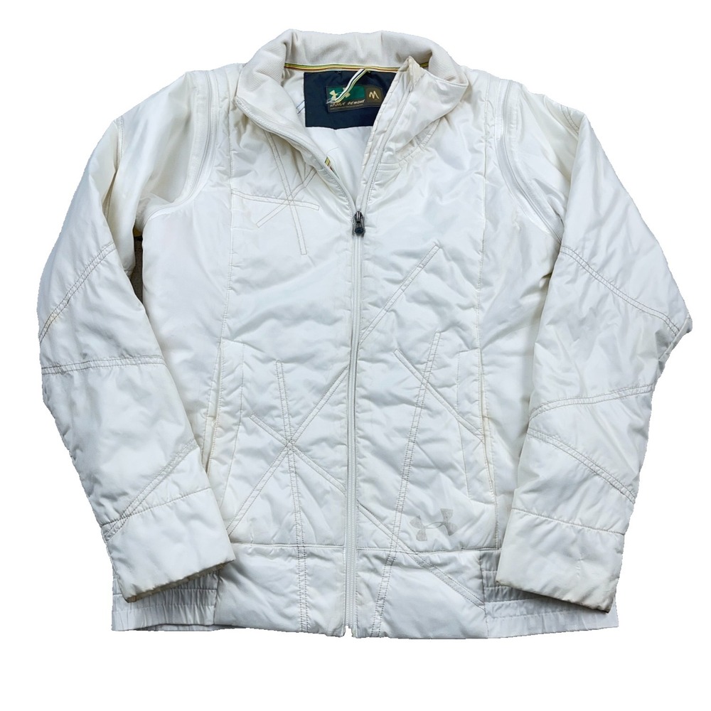 Under Armour Puffer Jacket Women Medium White Convertible Vest Hiking **STAINED